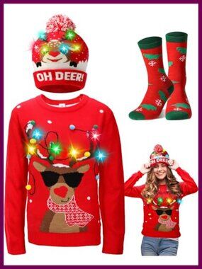 Light Up Ugly Christmas Sweater Set LED Reindeer Pullover Hat Socks Women